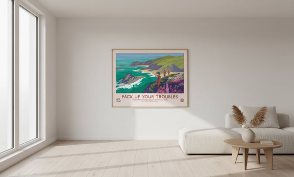 Retro-style A2 poster illustrating the Pembrokeshire Coast, titled ‘Pack Up Your Troubles’, National Park 60th Anniversary edition
