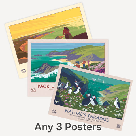 Three A2 Pembrokeshire Coast retro posters displayed as a bundle, featuring Fall In Love Again, Nature’s Paradise, and Pack Up Your Troubles designs