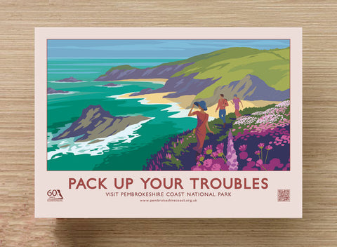 Pembrokeshire Coast Vintage Style "Pack Up Your Troubles" Retro Postcard